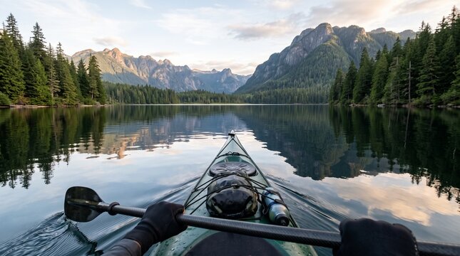 Kayaker paddles through a serene mountain lake surrounded by lush green forests and majestic peaks at sunrise