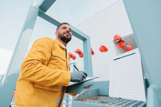 Floating orange hard hats hover above a man signing a blank visitor book at a gritty data center construction site for safety marketing