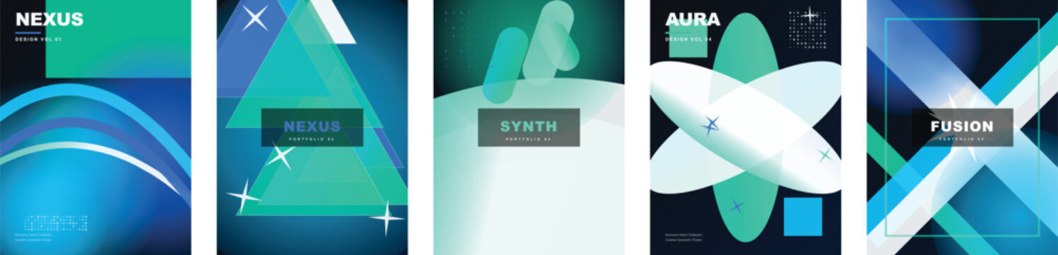 Vibrant blue and teal gradient poster templates set. Vector modern cover layouts with geometric triangles, star bursts, capsule bars, layered shapes and glowing curves for creative portfolios.