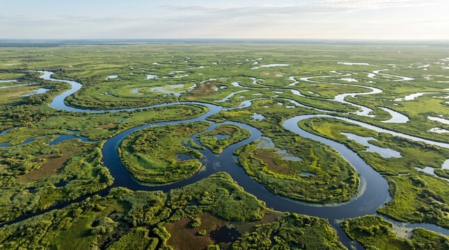 Aerial view of a winding river system through a vast green wetland landscape under a clear sky