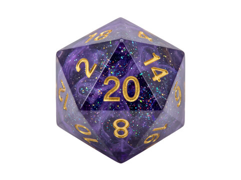 Purple glittery 20-sided die with golden numbers for tabletop gaming and role-playing.