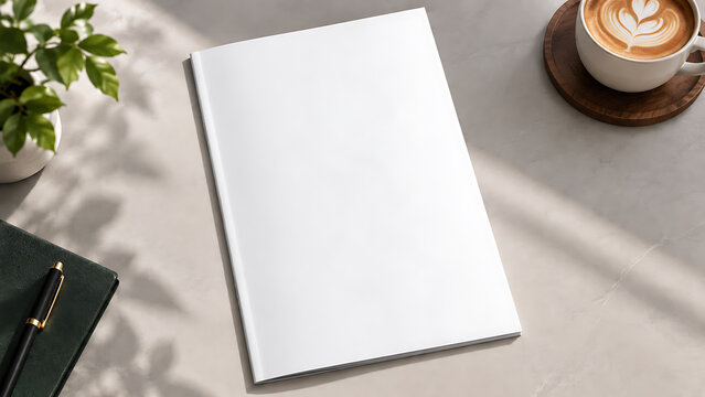 Minimal Blank Book Cover Mockup on Elegant Desk with Coffee