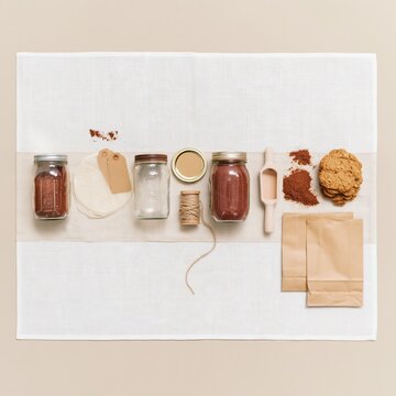 Homemade food gift kit with glass jars, shortbread pastry and spices on a cream linen cloth for preserving and packaging mockup