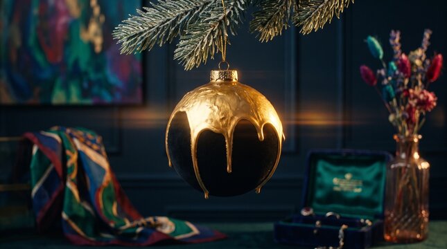 Luxury matte black and melting liquid gold holiday ornament on a tree branch, premium background.