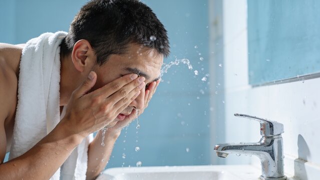 young man washing his face