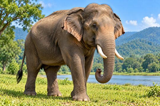 Asian Elephant Standing in Green Natural Landscape