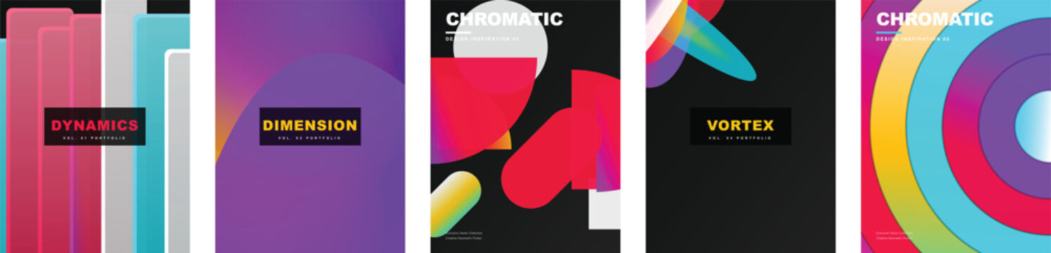 Vibrant colorful gradient poster templates set. Vector modern cover layouts with layered shapes, capsule bars, geometric circles.