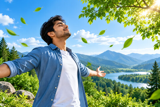 Young Man Enjoying Fresh Air in Beautiful Mountain Nature
