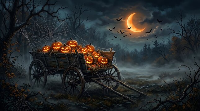 Spooky glowing jack o lanterns fill an old wooden wagon sitting inside a misty forest under a dark night sky with a crescent moon