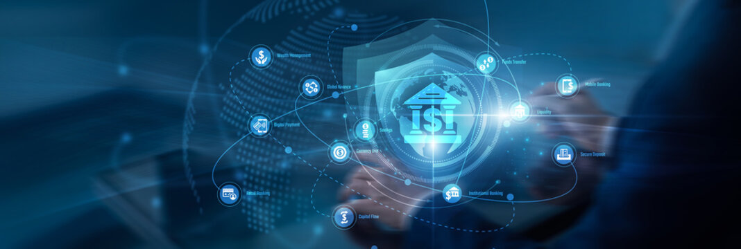Banker working on tablet developing an advanced digital shield for Banking networks. Evaluating secure financial data on a digital display ensures safe Banking operations and fast growth.