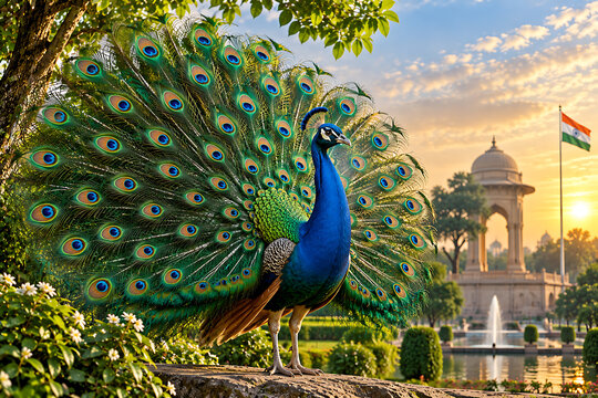 Majestic Indian peacock displaying its vibrant colorful tail feathers in a lush garden with warm evening sunlight.
