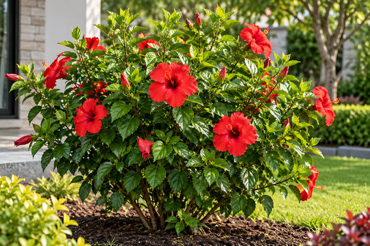 Beautiful Red Hibiscus Flowers Blooming in Sunny Garden