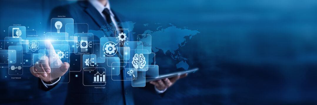 Data engineer using futuristic digital network interface with global Artificial Intelligence algorithms. Processing smart neural networks and automated insights. Next gen cognitive systems.