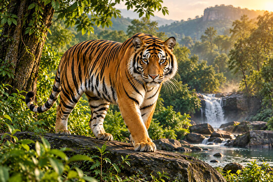 Bengal Tiger Walking Through Lush Forest Landscape