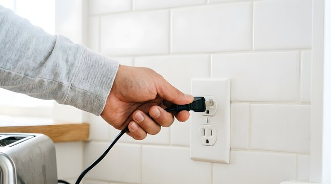 Hand plugging a black power cord into a white electrical wall outlet
