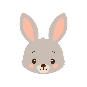 A cute and friendly cartoon bunny head, isolated on a white background; perfect for children's designs and baby shower cards.