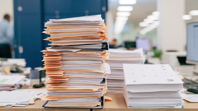 Stack of papers with index tabs on an office desk, featuring a heavy workload of documents and weathered edges for tax and accounting content