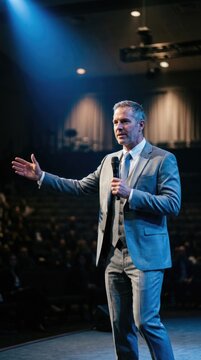 Corporate orator presentation: public speech, conference speaker, business coach, keynote lecture, motivation stage, leadership training, audience talk.