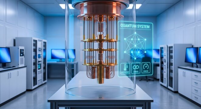 Quantum Computer Chandelier in Glass Enclosure With System Panel