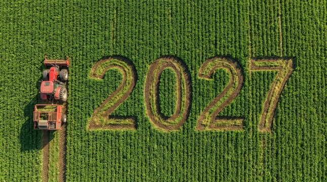 Tractor creating year 2027 numbers in green agricultural