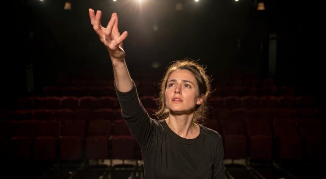 Actress on theater stage under spotlight reaching out in a dramatic emotional monologue