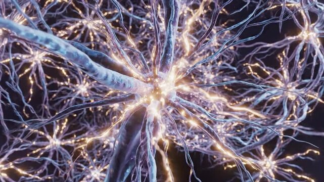 Microscopic view of brain neurons firing electrical impulses through synaptic pathways