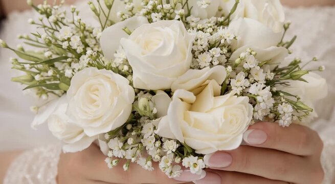 Bride holding white rose bouquet with French manicure and engagement ring