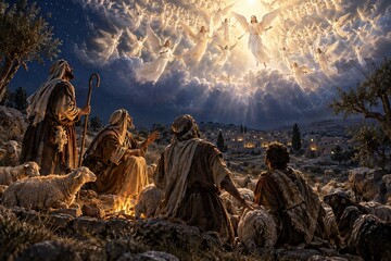 Fototapeta premium Shepherds by campfire amazed watching heavenly host of angels in night sky, biblical scene announcing Christ's birth