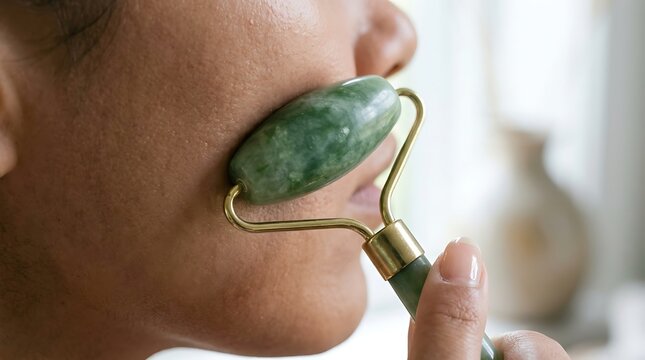 Close up of a person using a green jade facial roller on their cheek