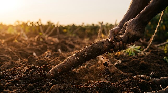 Farmer harvesting cassava root from soil at sunset agricultural field