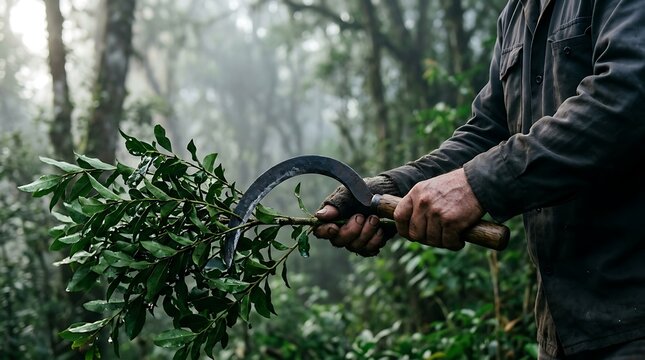 Farmer harvesting leaves with a sickle in a misty forest