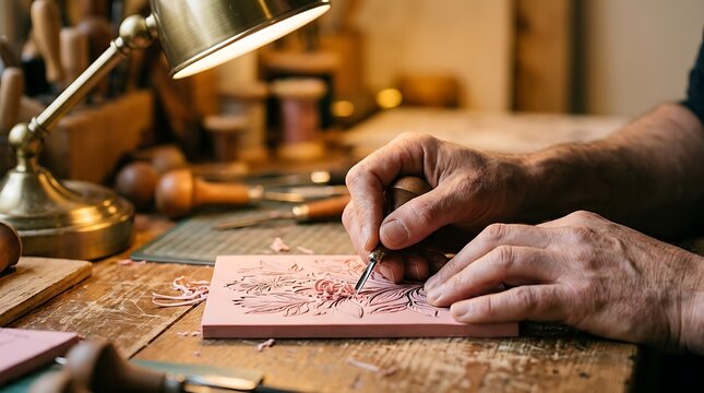Artist Carving Floral Design into Linoleum Block with Crafting Tools
