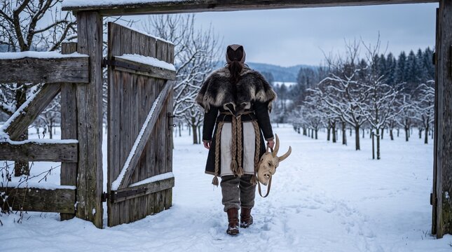 Perchta costume returns through a snowy timber gate