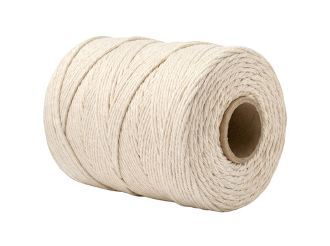 Large spool of natural jute twine on cardboard center with clean white background.