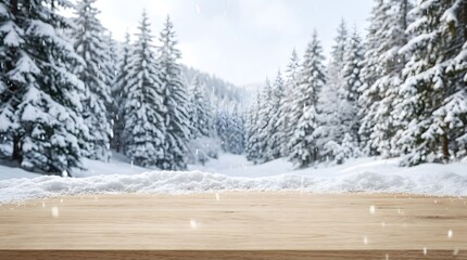 Obraz premium Wood table top on blur with bokeh Christmas tree background with snowfall - can be used for display or montage your products on winter