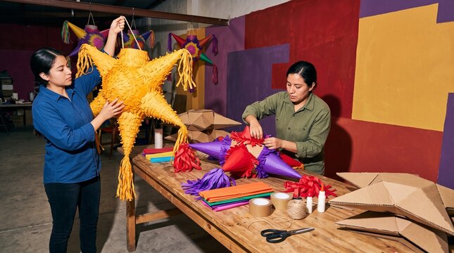 Mexican paper artists build a posada pinata display