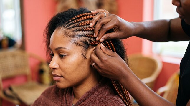 Hands refine copper braid details for salon advertising