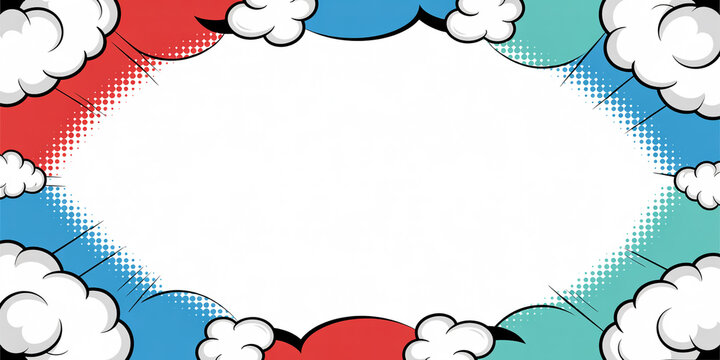 Comic book style speech bubble frame with clouds and halftone pattern