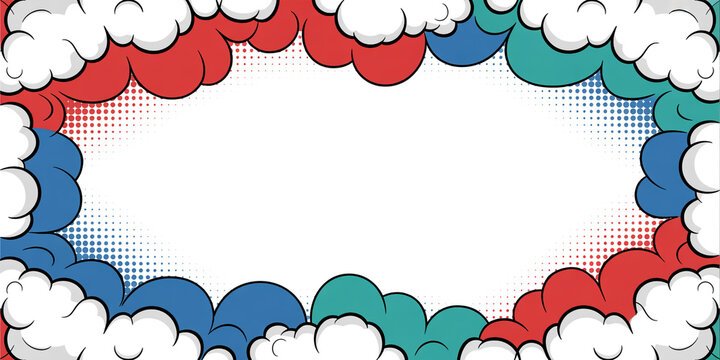 Comic book style speech bubble frame with clouds and halftone pattern