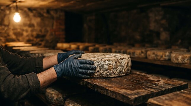 Artisan cheese maker inspects aged cheese wheel in cellar