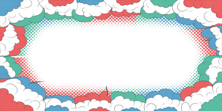 Comic book style speech bubble frame with clouds and halftone pattern