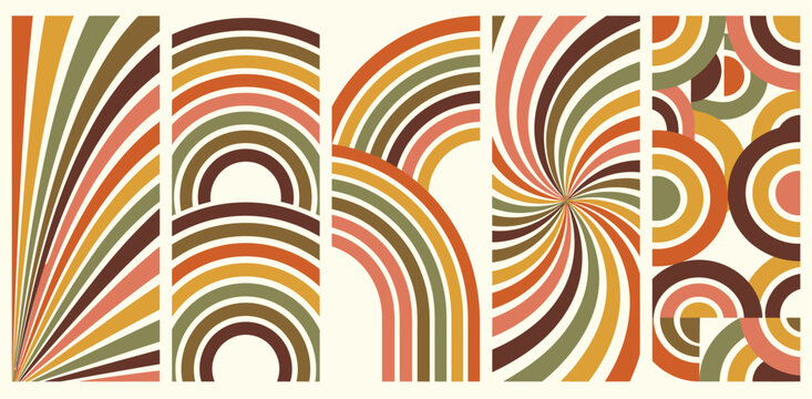Retro geometric stripe compositions collection, fan-shaped stripes, semicircular arcs, layered rainbow bands, radial curves and overlapping half-circle motifs in vintage colors