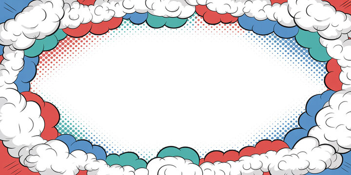 Comic book style speech bubble frame with clouds and halftone pattern