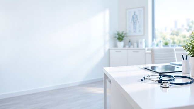 Modern medical office with stethoscope on white desk, tablet and anatomy poster, copy space