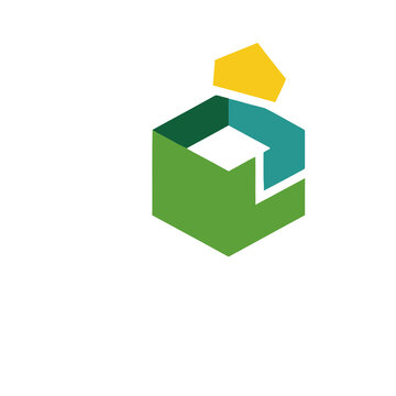 Abstract geometric logo with green, blue, and yellow elements