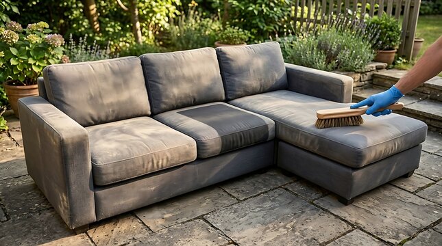 Gray outdoor sofa being cleaned with a brush and soapy water during sunny daytime in a garden setting
