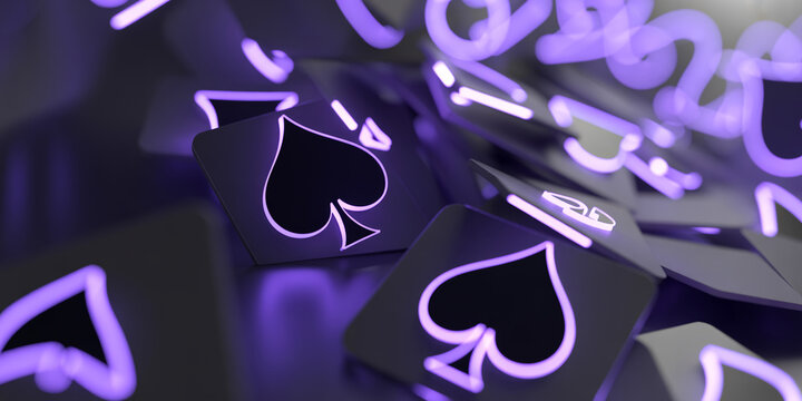 Playing cards with spade symbols glowing in purple neon light, dark background, 3D render