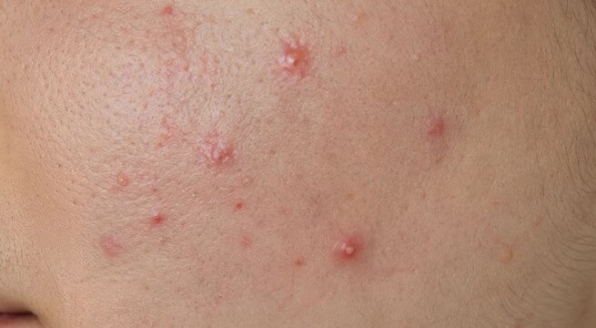 Close-up of a cheek with inflamed acne, red pimples, visible pores and oily skin