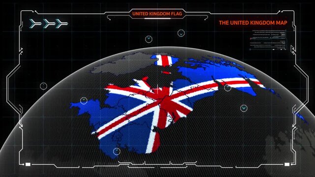 A futuristic digital map of the United Kingdom, UK counties map, uk flag map