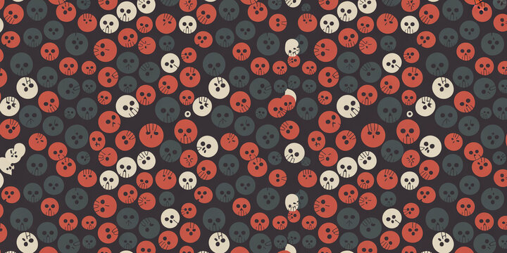 Seamless pattern featuring stylized human skulls in red, white, and dark grey circular shapes